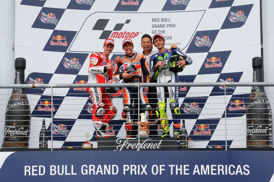 Dans l'ordre habituel: Dovizioso (2e), Marquez (1er), Rossi (3e), le trio gagnant du GP d'Austin au Circuit des Amériques